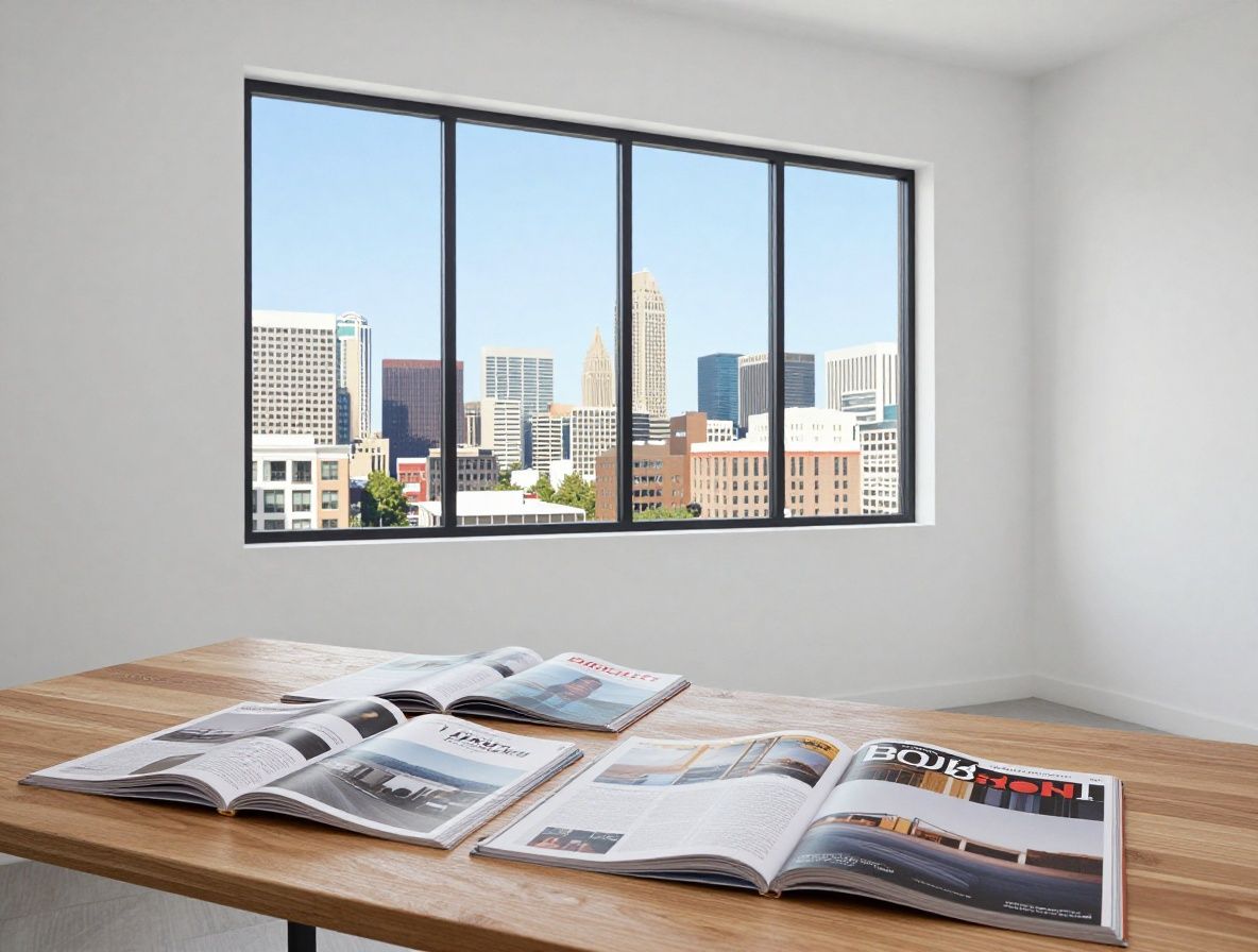 Редакционный кабинет с белыми стенами, деревянным столом, раскрытыми журналами о роскоши и видом на городской пейзаж Солт-Лейк-Сити через панорамное окно