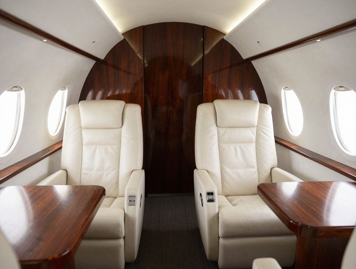 Интерьер частного самолёта Gulfstream G700 с кожаными белыми сиденьями, деревянными панелями и панорамными иллюминаторами