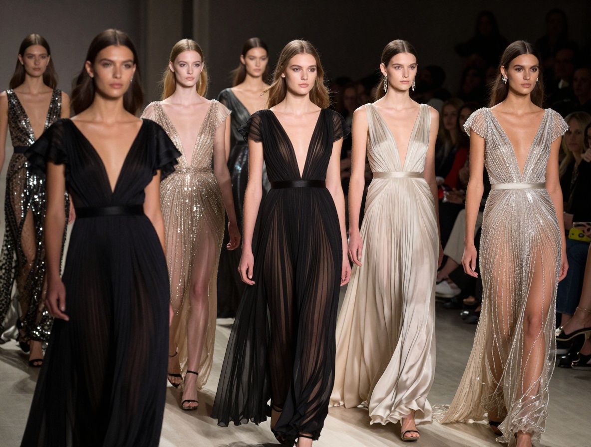 Модный показ в Париже: модели в роскошных вечерних платьях идут по подиуму в освещённом зале Гранд Пале