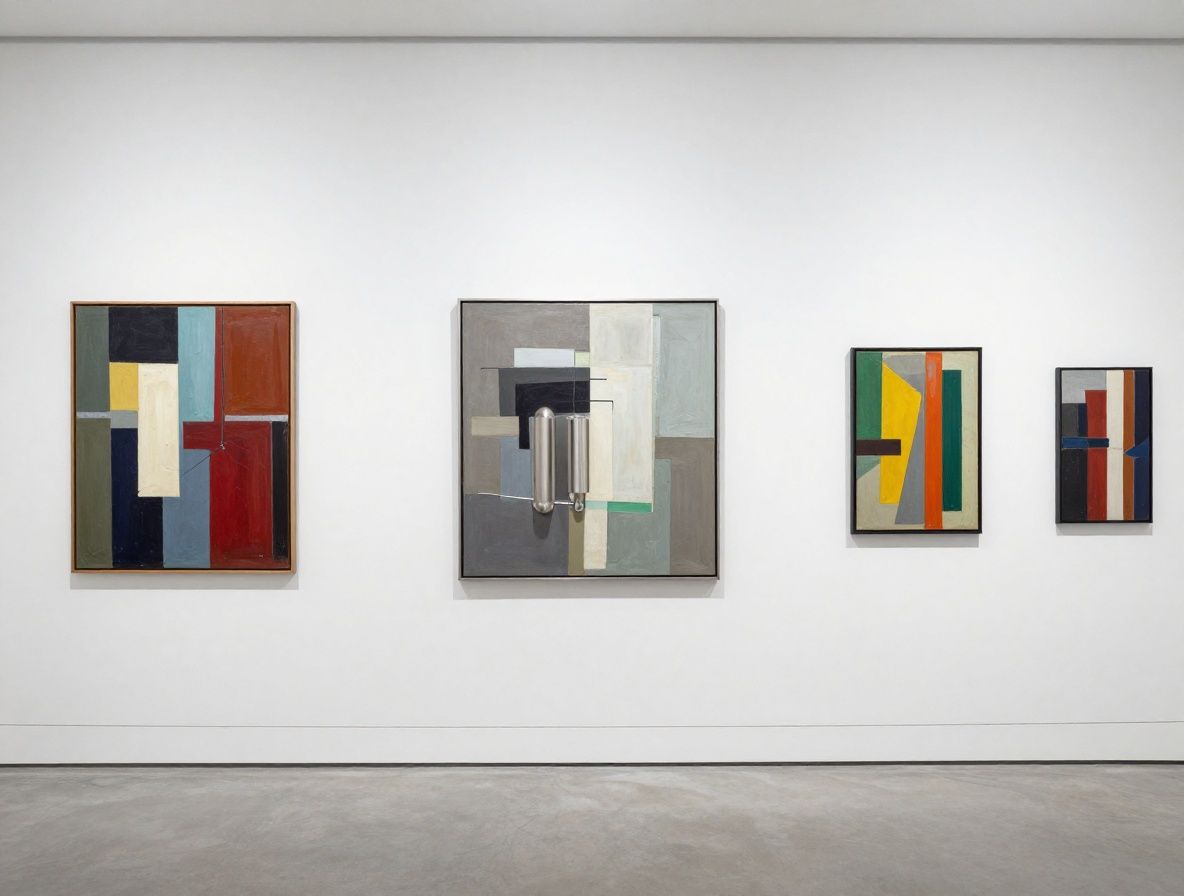 Светлый contemporary art галерея с белыми стенами, абстрактными полотнами и скульптурами из нержавеющей стали