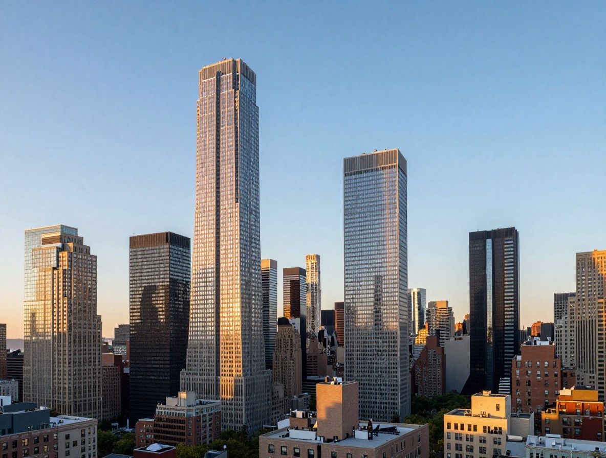 Панорама роскошного жилого небоскрёба в центре Манхэттена с видом на Центральный парк и горизонт Нью-Йорка