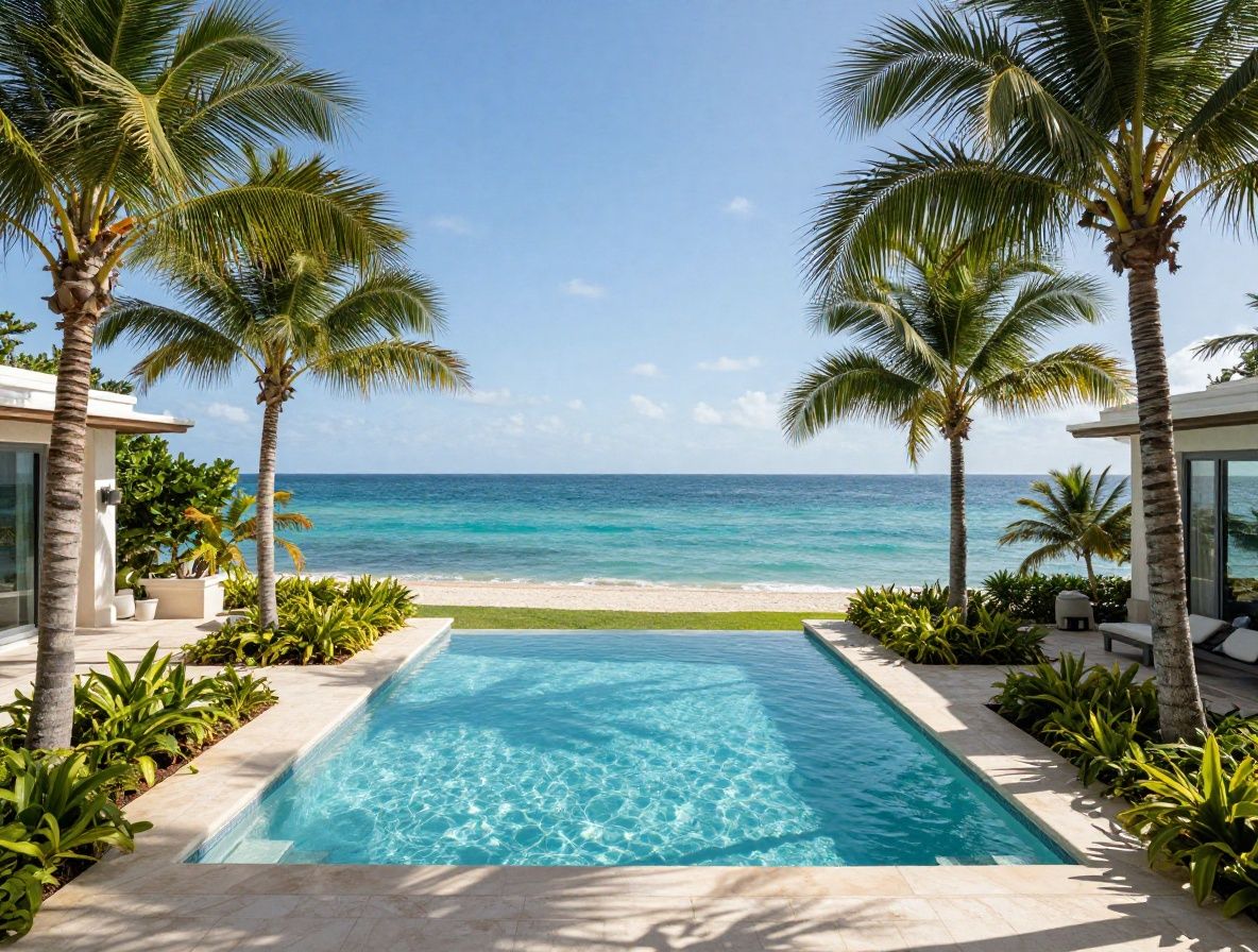 Роскошная панорамная вилла с бассейном на закате, окружённая пальмами и с видом на залив в Майами